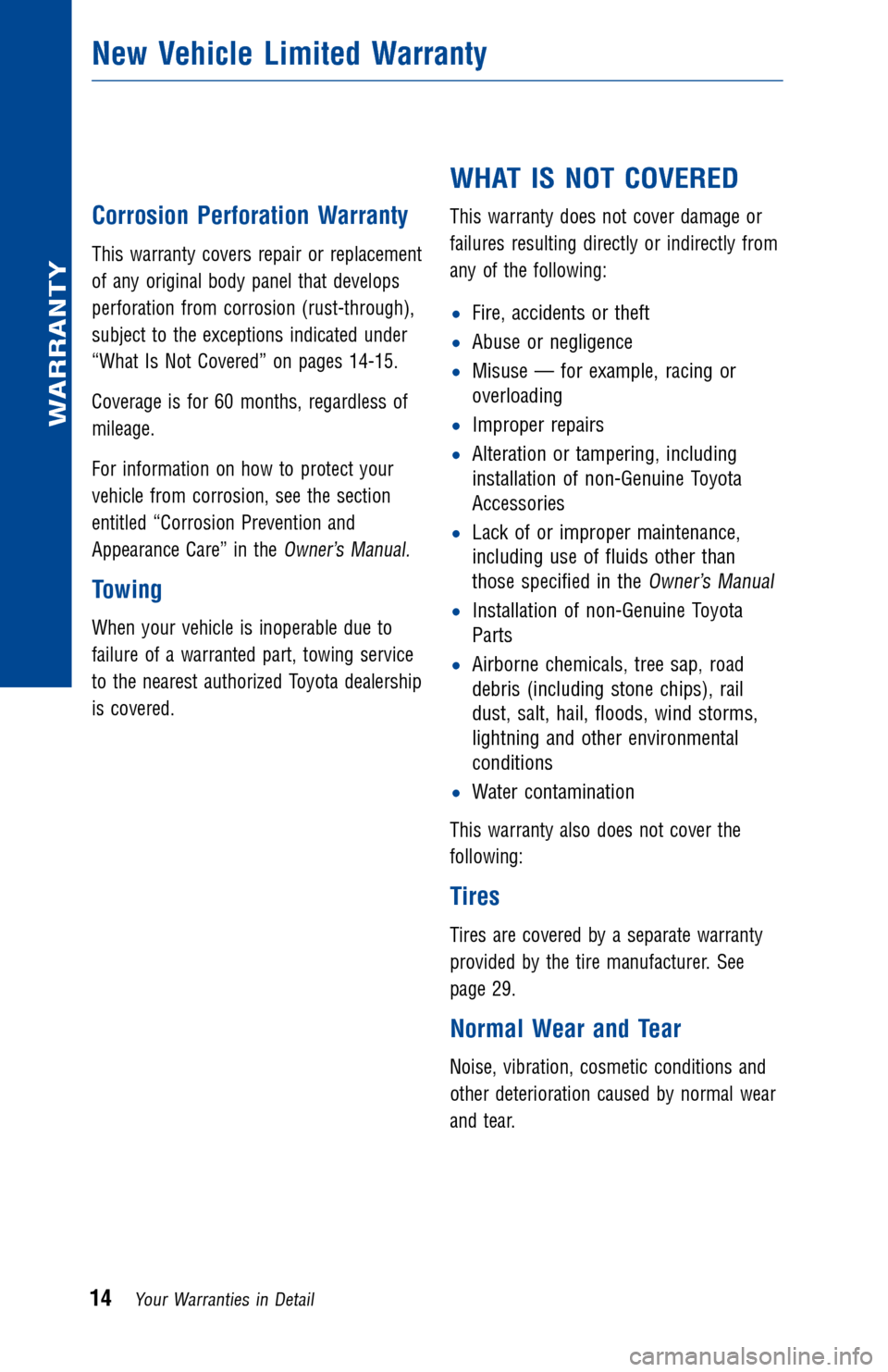TOYOTA LAND CRUISER 2014 J200 Warranty And Maintenance Guide JOBNAME: 1491133-2014-lndWG-E PAGE: 14 SESS: 11 OUTPUT: Fri Jul 12 10:06:01 2013 
/tweddle/toyota/sched-maint/1491133-en-lnd/wg
Corrosion Perforation Warranty
This warranty covers repair or replacemen