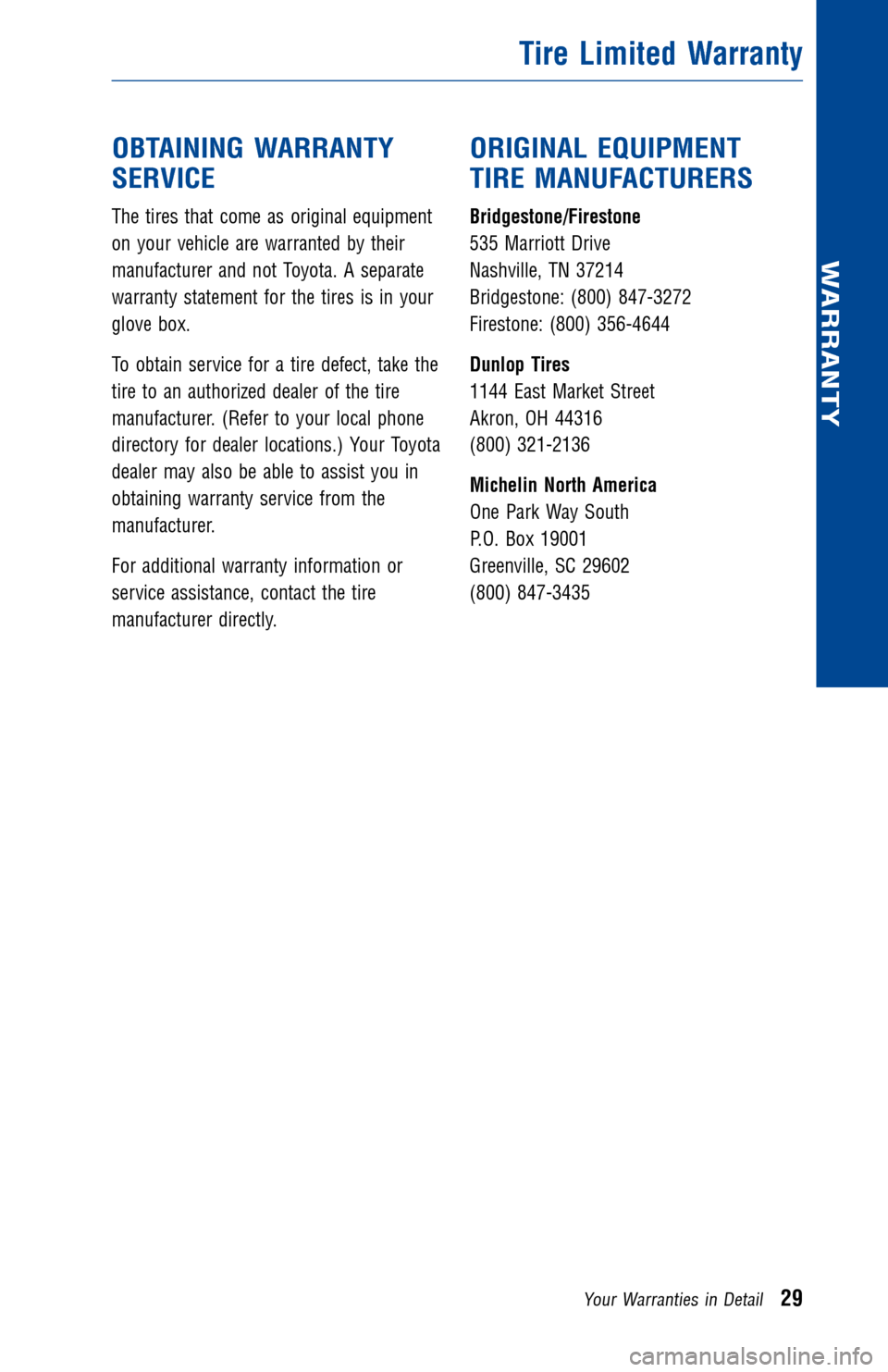 TOYOTA LAND CRUISER 2014 J200 Warranty And Maintenance Guide JOBNAME: 1491133-2014-lndWG-E PAGE: 29 SESS: 11 OUTPUT: Fri Jul 12 10:06:01 2013
/tweddle/toyota/sched-maint/1491133-en-lnd/wg
OBTAINING WARRANTY
SERVICE
The tires that come as original equipment
o TOYOTA LAND CRUISER 2014 J200 Warranty And Maintenance Guide JOBNAME: 1491133-2014-lndWG-E PAGE: 29 SESS: 11 OUTPUT: Fri Jul 12 10:06:01 2013
/tweddle/toyota/sched-maint/1491133-en-lnd/wg
OBTAINING WARRANTY
SERVICE
The tires that come as original equipment
o