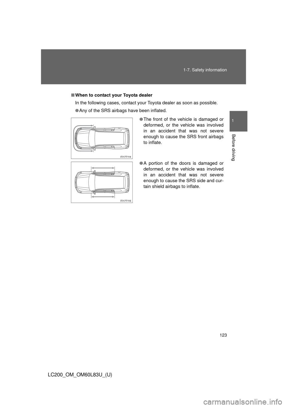 TOYOTA LAND CRUISER 2015 J200 Owners Manual 123
1-7. Safety information
1
Before driving
LC200_OM_OM60L83U_(U)
■
When to contact y our Toyota dealer
In the following cases, contact your Toyota dealer as soon as possible.
● Any of the SRS ai