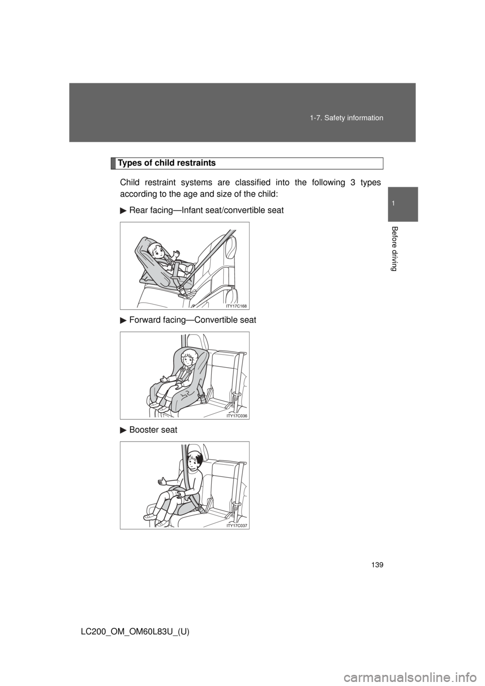 TOYOTA LAND CRUISER 2015 J200 Owners Manual 139
1-7. Safety information
1
Before driving
LC200_OM_OM60L83U_(U)
Types of child restraints
Child restraint systems are classi fied into the following 3 types
according to the age and size of the chi