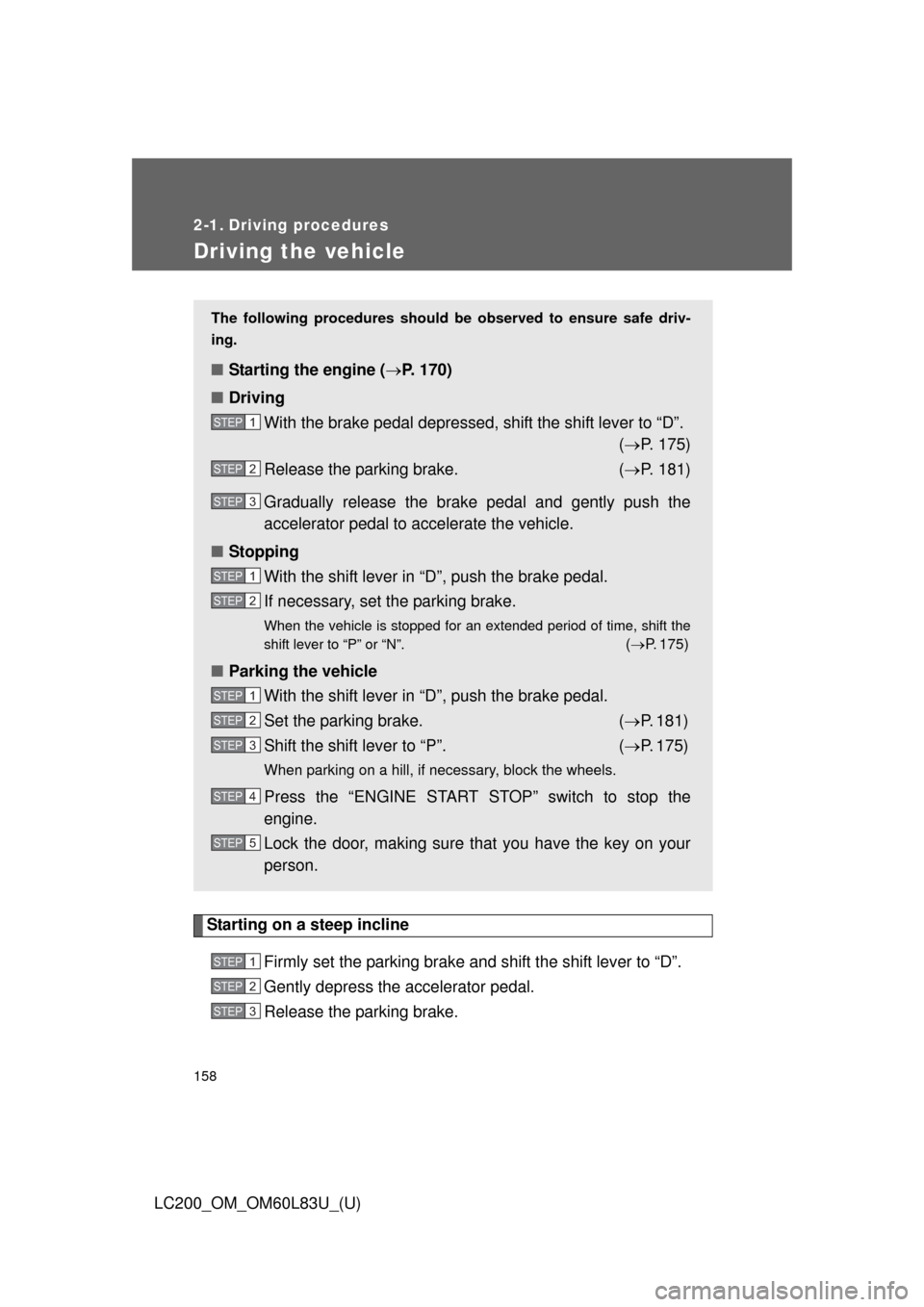 TOYOTA LAND CRUISER 2015 J200 Owners Manual 158
LC200_OM_OM60L83U_(U)
2-1. Driving procedures
Driving the vehicle
Starting on a steep inclineFirmly set the parking brake and shift the shift lever to “D”.
Gently depress the accelerator pedal