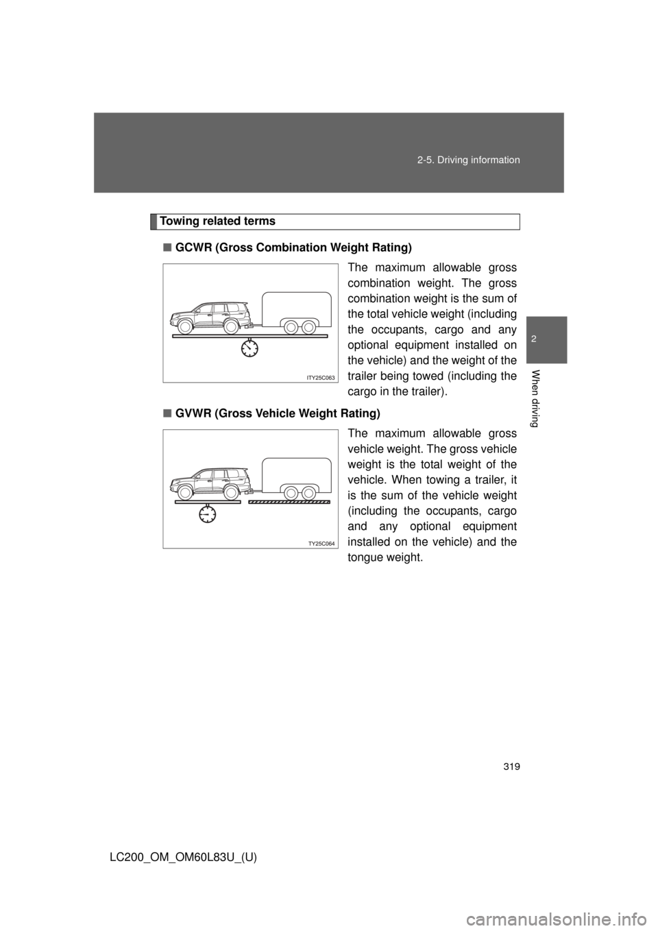 TOYOTA LAND CRUISER 2015 J200 Owners Manual 319
2-5. Driving information
2
When driving
LC200_OM_OM60L83U_(U)
Towing related terms
■ GCWR (Gross Combination Weight Rating)
The maximum allowable gross
combination weight. The gross
combination 