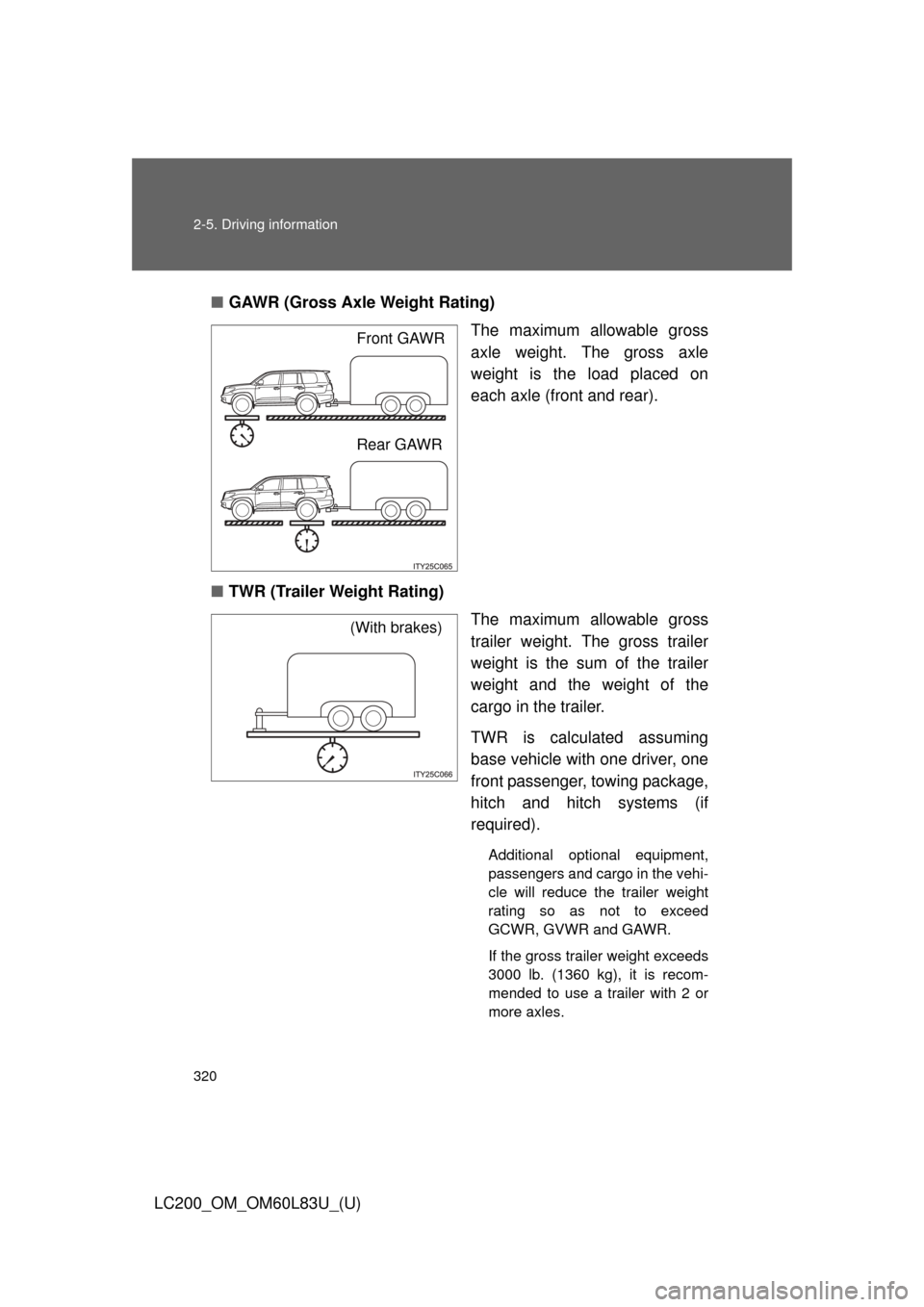 TOYOTA LAND CRUISER 2015 J200 Owners Manual 320 2-5. Driving information
LC200_OM_OM60L83U_(U)■
GAWR (Gross Axle Weight Rating)
The maximum allowable gross
axle weight. The gross axle
weight is the load placed on
each axle (front and rear).
