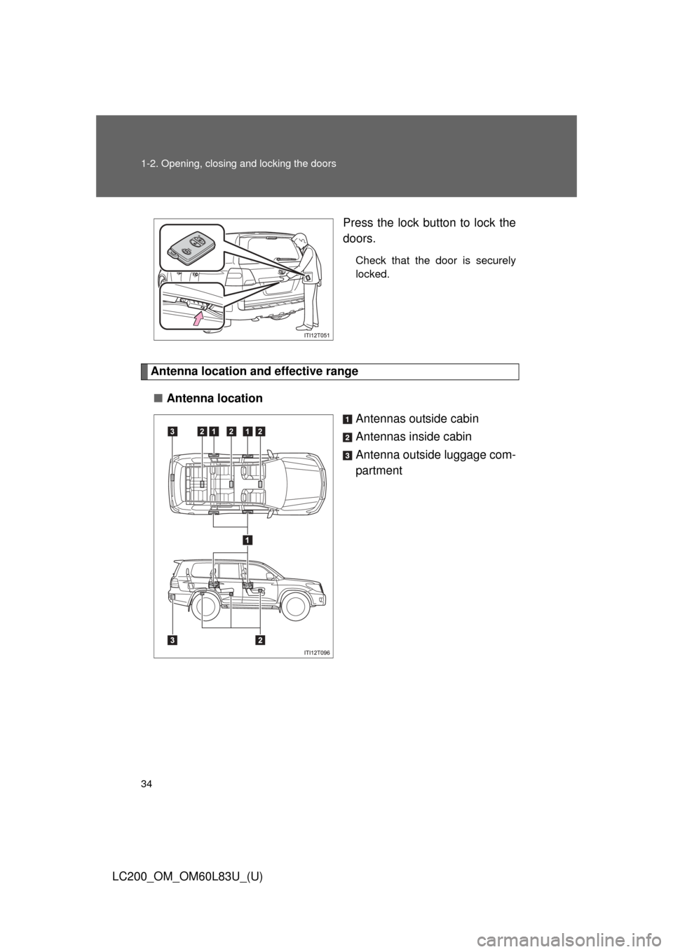 TOYOTA LAND CRUISER 2015 J200 Owners Manual 34 1-2. Opening, closing and locking the doors
LC200_OM_OM60L83U_(U)Press the lock button to lock the
doors.
Check that the door is securely
locked.
Antenna location a
nd effective range
■ Antenna l