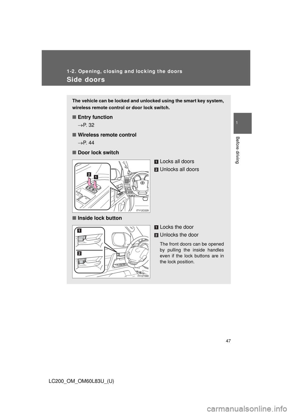 TOYOTA LAND CRUISER 2015 J200 Owners Manual 47
1
1-2. Opening, closing and locking the doors
Before driving
LC200_OM_OM60L83U_(U)
Side doors
The vehicle can be locked and unlocked using the smart key system,
wireless remote control or door lock