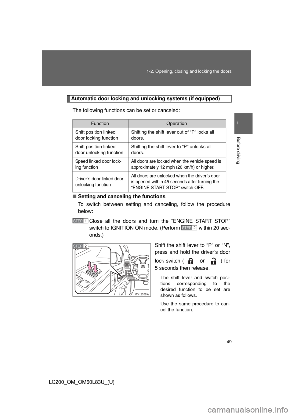 TOYOTA LAND CRUISER 2015 J200 Owners Manual 49
1-2. Opening, closing and locking the doors
1
Before driving
LC200_OM_OM60L83U_(U)
Automatic door locking and unl
ocking systems (if equipped)
The following functions can be set or canceled:
■ Se TOYOTA LAND CRUISER 2015 J200 Owners Manual 49
1-2. Opening, closing and locking the doors
1
Before driving
LC200_OM_OM60L83U_(U)
Automatic door locking and unl
ocking systems (if equipped)
The following functions can be set or canceled:
■ Se
