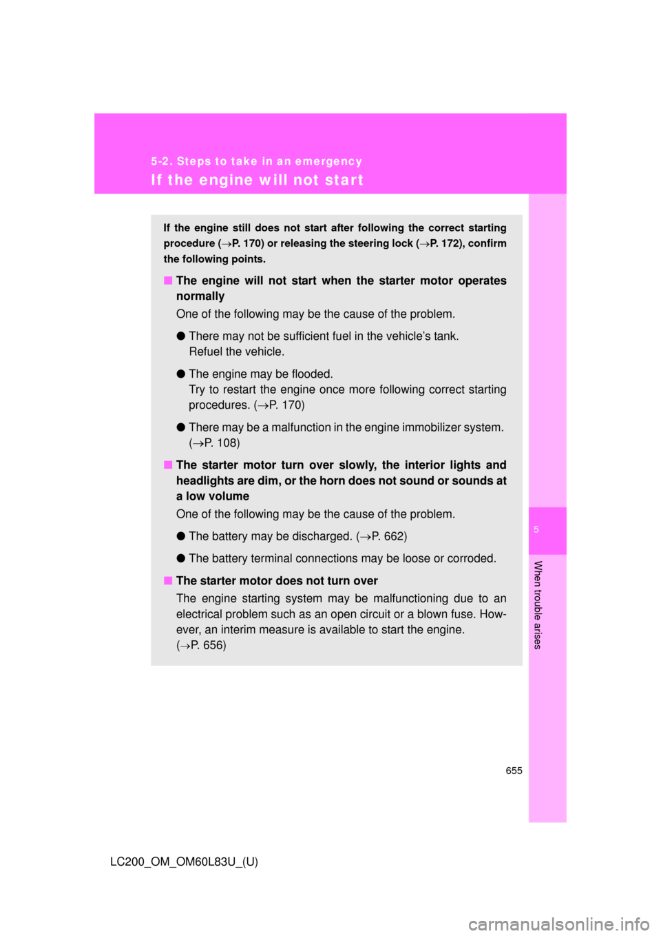 TOYOTA LAND CRUISER 2015 J200 Owners Manual 5
When trouble arises
655
5-2. Steps to take in an emergency
LC200_OM_OM60L83U_(U)
If the engine will not star t
If the engine still does not start after following the correct starting
procedure ( TOYOTA LAND CRUISER 2015 J200 Owners Manual 5
When trouble arises
655
5-2. Steps to take in an emergency
LC200_OM_OM60L83U_(U)
If the engine will not star t
If the engine still does not start after following the correct starting
procedure ( 