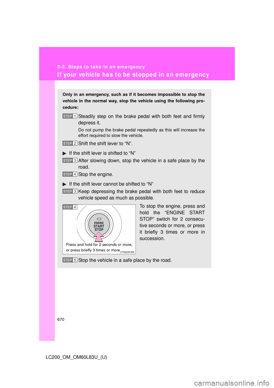 TOYOTA LAND CRUISER 2015 J200 Owners Manual 670
5-2. Steps to take in an emergency
LC200_OM_OM60L83U_(U)
If your vehicle has to be stopped in an emergency
Only in an emergency, such as if it becomes impossible to stop the
vehicle in the normal TOYOTA LAND CRUISER 2015 J200 Owners Manual 670
5-2. Steps to take in an emergency
LC200_OM_OM60L83U_(U)
If your vehicle has to be stopped in an emergency
Only in an emergency, such as if it becomes impossible to stop the
vehicle in the normal