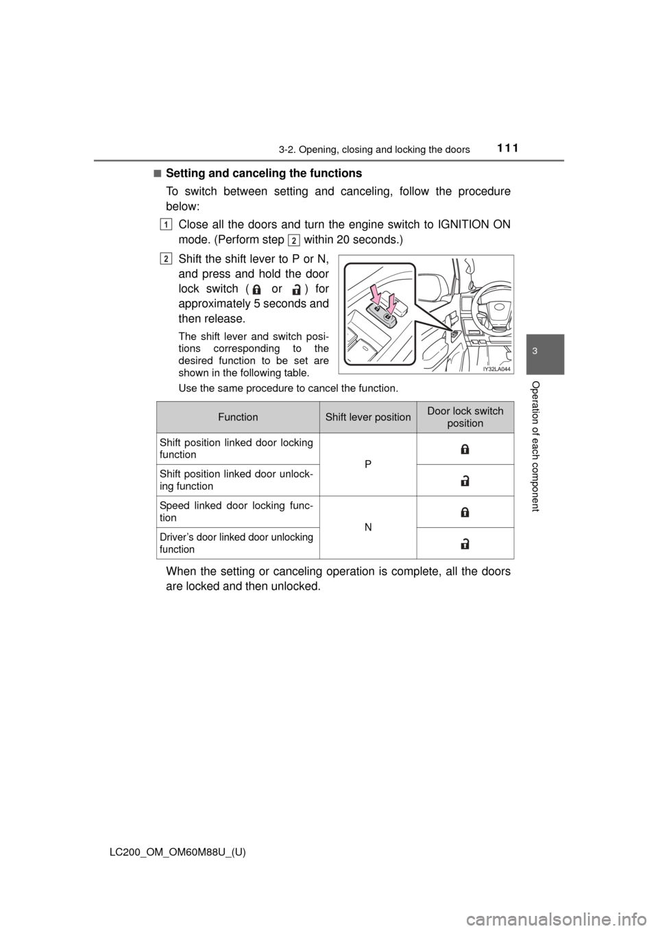 TOYOTA LAND CRUISER 2016 J200 Owners Manual LC200_OM_OM60M88U_(U)
1113-2. Opening, closing and locking the doors
3
Operation of each component
■Setting and canceling the functions
To switch between setting and canceling, follow the procedure
