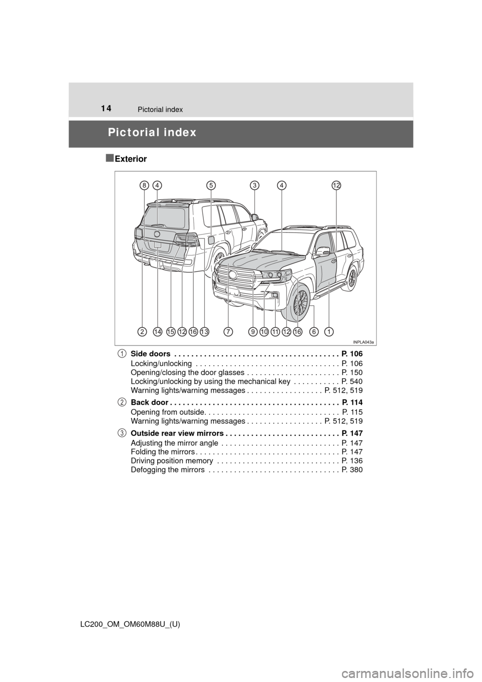TOYOTA LAND CRUISER 2016 J200 Owners Manual 14Pictorial index
LC200_OM_OM60M88U_(U)
Pictorial index
■
Exterior
Side doors . . . . . . . . . . . . . . . . . . . . . . . . . . . . . . . . . . . . . . . P. 106
Locking/unlocking . . . . . . . TOYOTA LAND CRUISER 2016 J200 Owners Manual 14Pictorial index
LC200_OM_OM60M88U_(U)
Pictorial index
■
Exterior
Side doors . . . . . . . . . . . . . . . . . . . . . . . . . . . . . . . . . . . . . . . P. 106
Locking/unlocking . . . . . . .