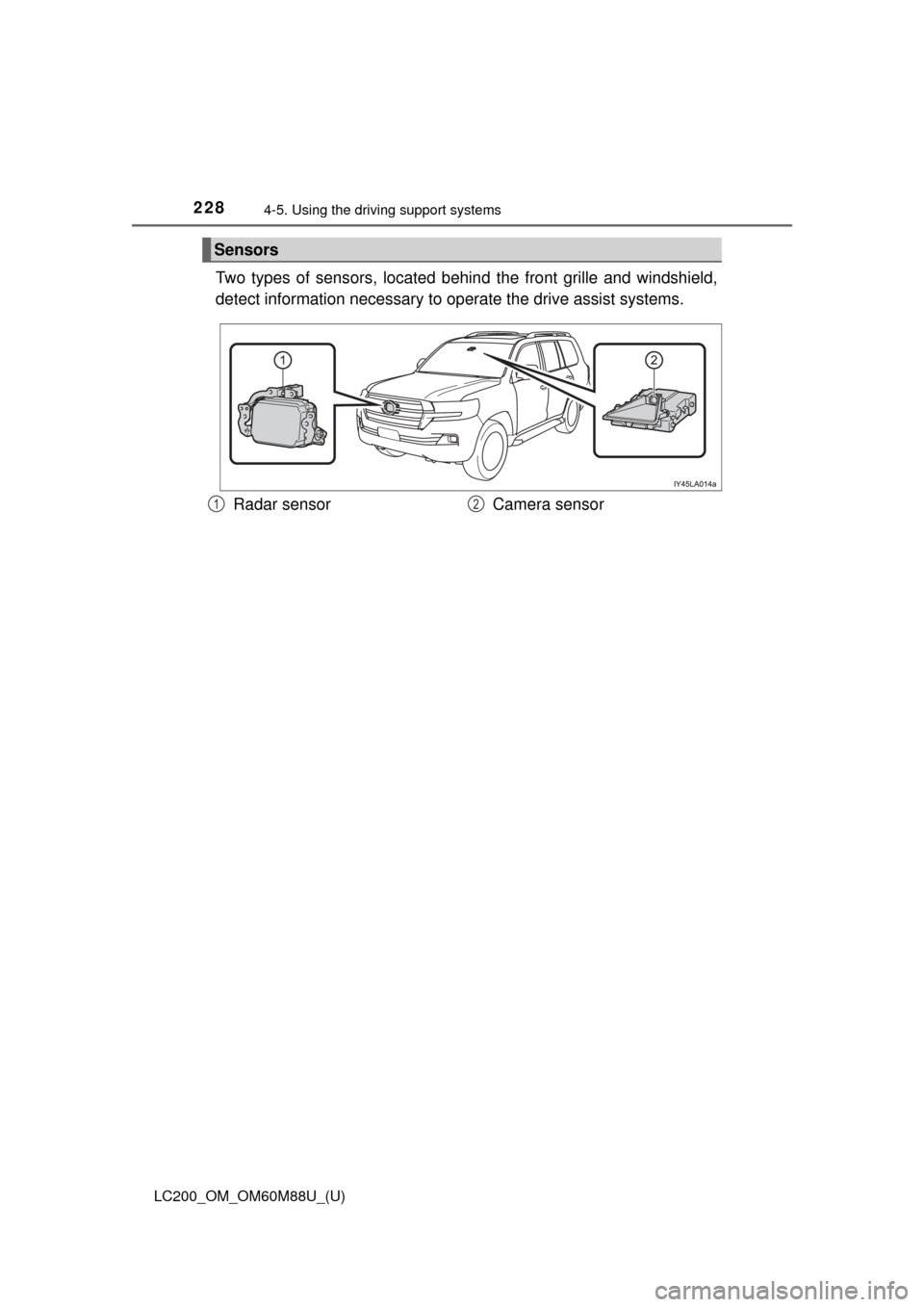TOYOTA LAND CRUISER 2016 J200 Owners Manual 228
LC200_OM_OM60M88U_(U)
4-5. Using the driving support systems
Two types of sensors, located behin d the front grille and windshield,
detect information necessary to  operate the drive assist system