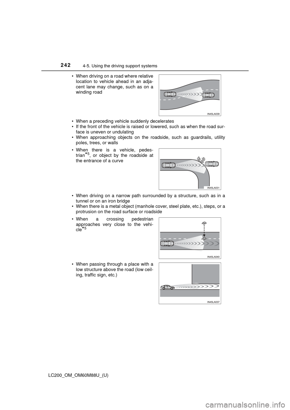 TOYOTA LAND CRUISER 2016 J200 Owners Manual 242
LC200_OM_OM60M88U_(U)
4-5. Using the driving support systems
• When a preceding vehicle suddenly decelerates
• If the front of the vehicle is raised or lowered, such as when the road sur-
face
