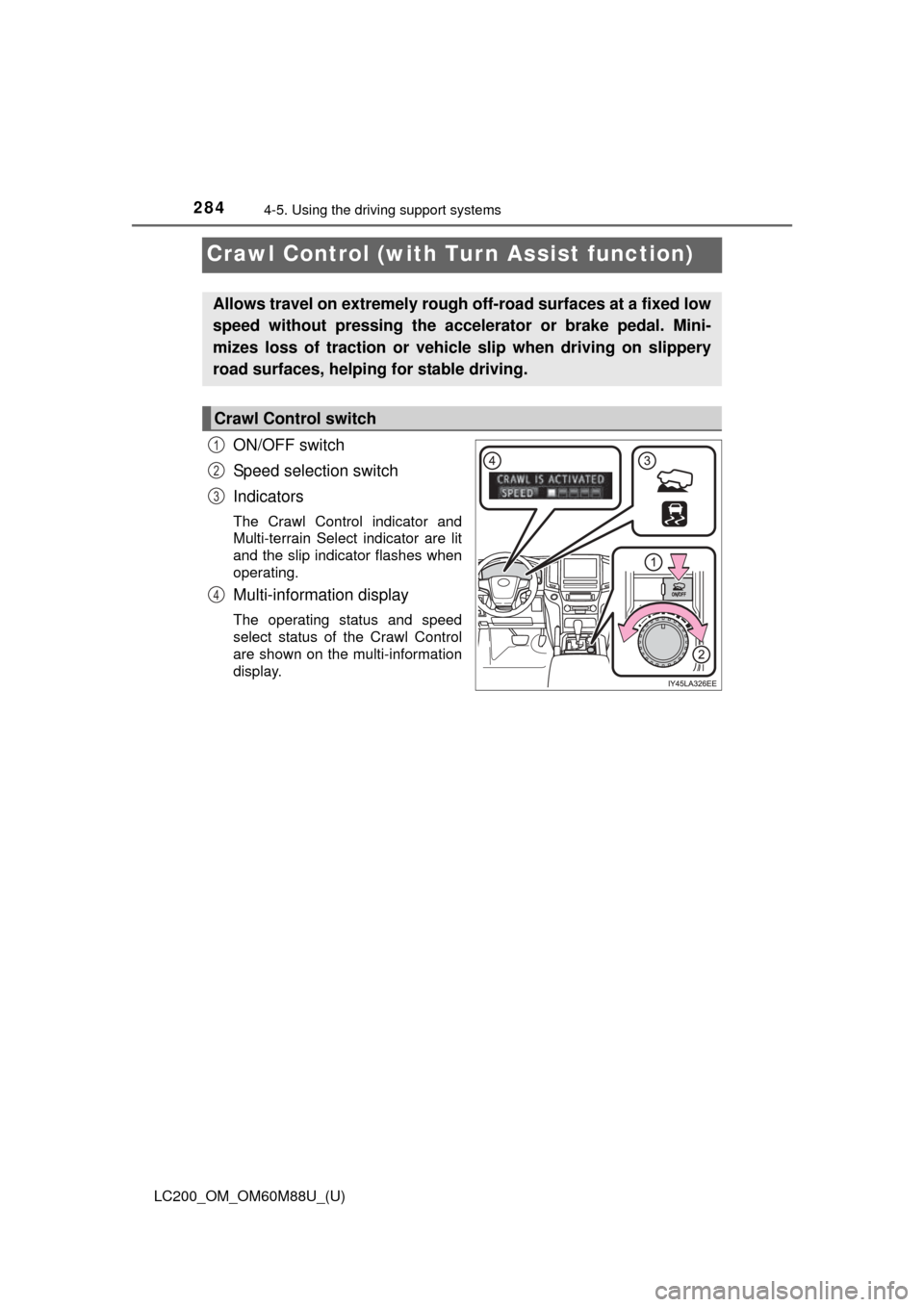 TOYOTA LAND CRUISER 2016 J200 Owners Manual 284
LC200_OM_OM60M88U_(U)
4-5. Using the driving support systems
Crawl Control (with Tu rn Assist function)
ON/OFF switch
Speed selection switch
Indicators
The Crawl Control indicator and
Multi-terrai