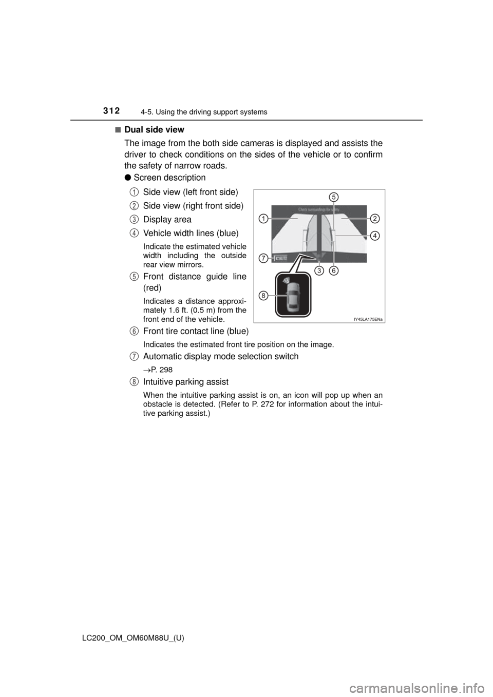 TOYOTA LAND CRUISER 2016 J200 Owners Manual 312
LC200_OM_OM60M88U_(U)
4-5. Using the driving support systems
■Dual side view
The image from the both side came ras is displayed and assists the
driver to check conditions on the sides of the veh