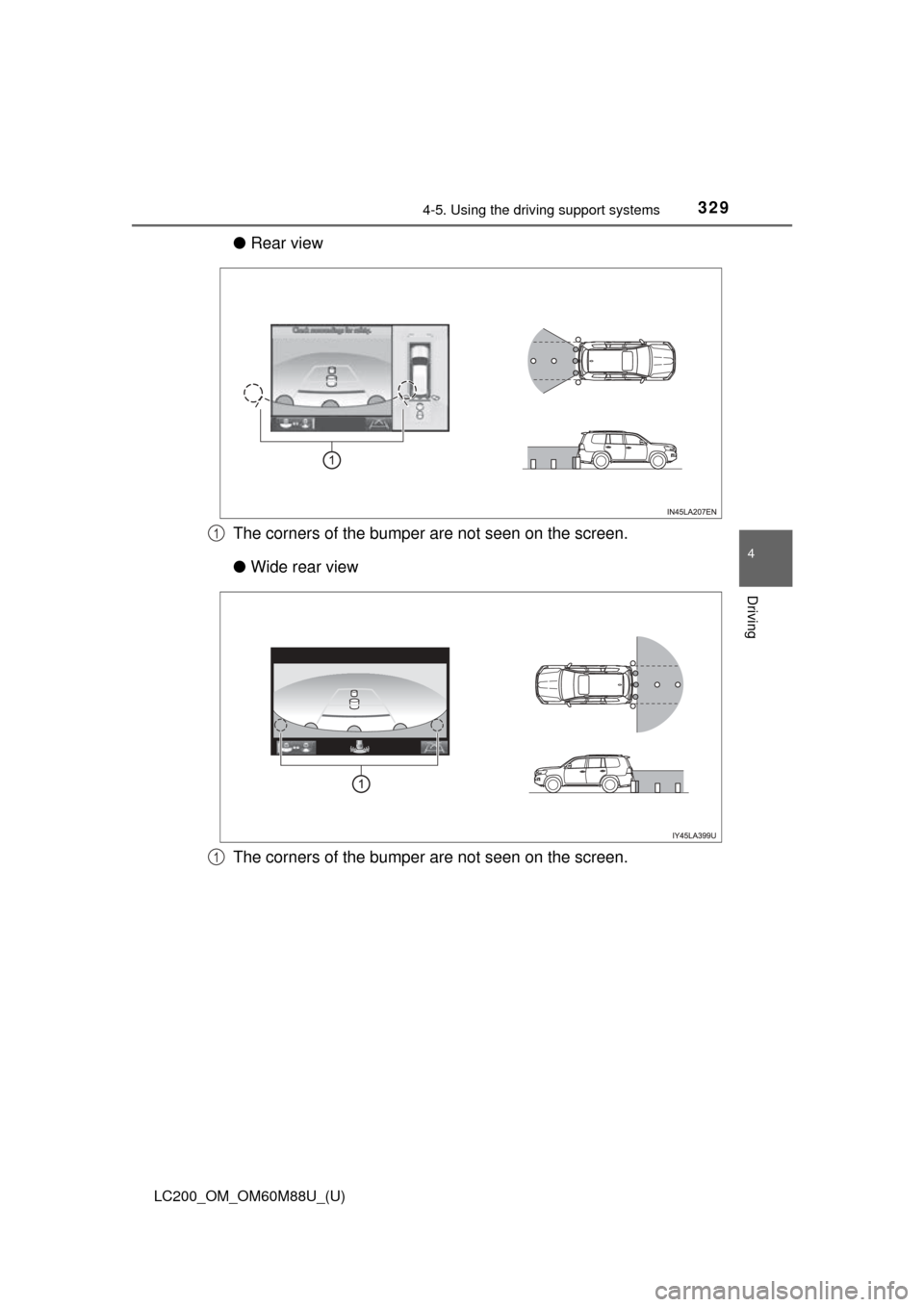 TOYOTA LAND CRUISER 2016 J200 Owners Manual LC200_OM_OM60M88U_(U)
3294-5. Using the driving support systems
4
Driving
●Rear view
The corners of the bumper are not seen on the screen.
● Wide rear view
The corners of the bumper are not seen o