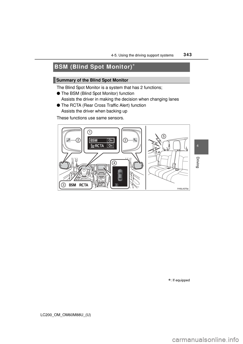 TOYOTA LAND CRUISER 2016 J200 Owners Manual 343
LC200_OM_OM60M88U_(U)
4-5. Using the driving support systems
4
Driving
BSM (Blind Spot Monitor)
The Blind Spot Monitor is a  system that has 2 functions;
● The BSM (Blind Spot Monitor) functi