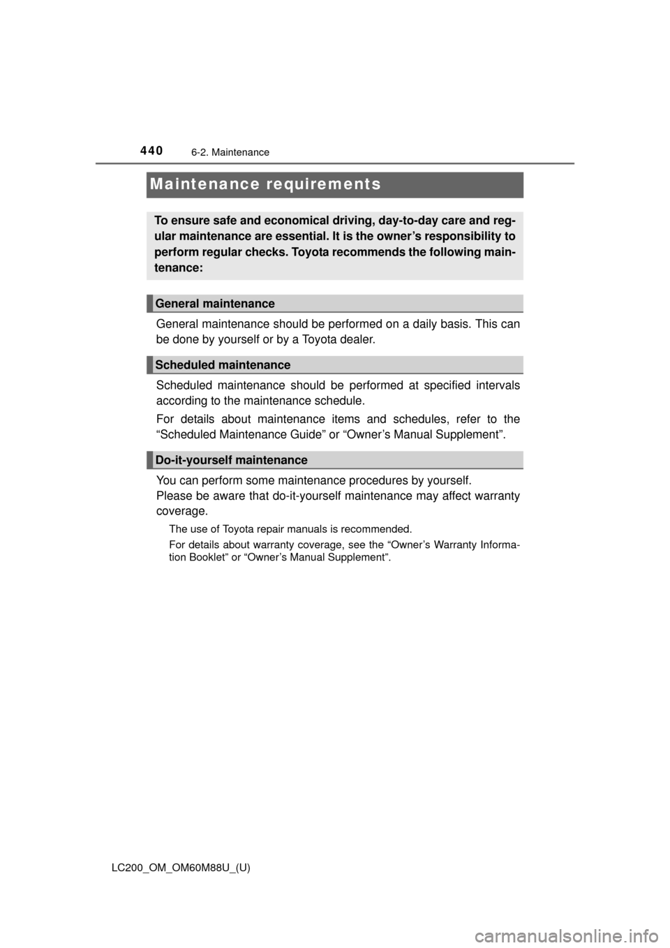 TOYOTA LAND CRUISER 2016 J200 Owners Manual 440
LC200_OM_OM60M88U_(U)
6-2. Maintenance
Maintenance requirements
General maintenance should be performed on a daily basis. This can
be done by yourself or by a Toyota dealer.
Scheduled maintenance 