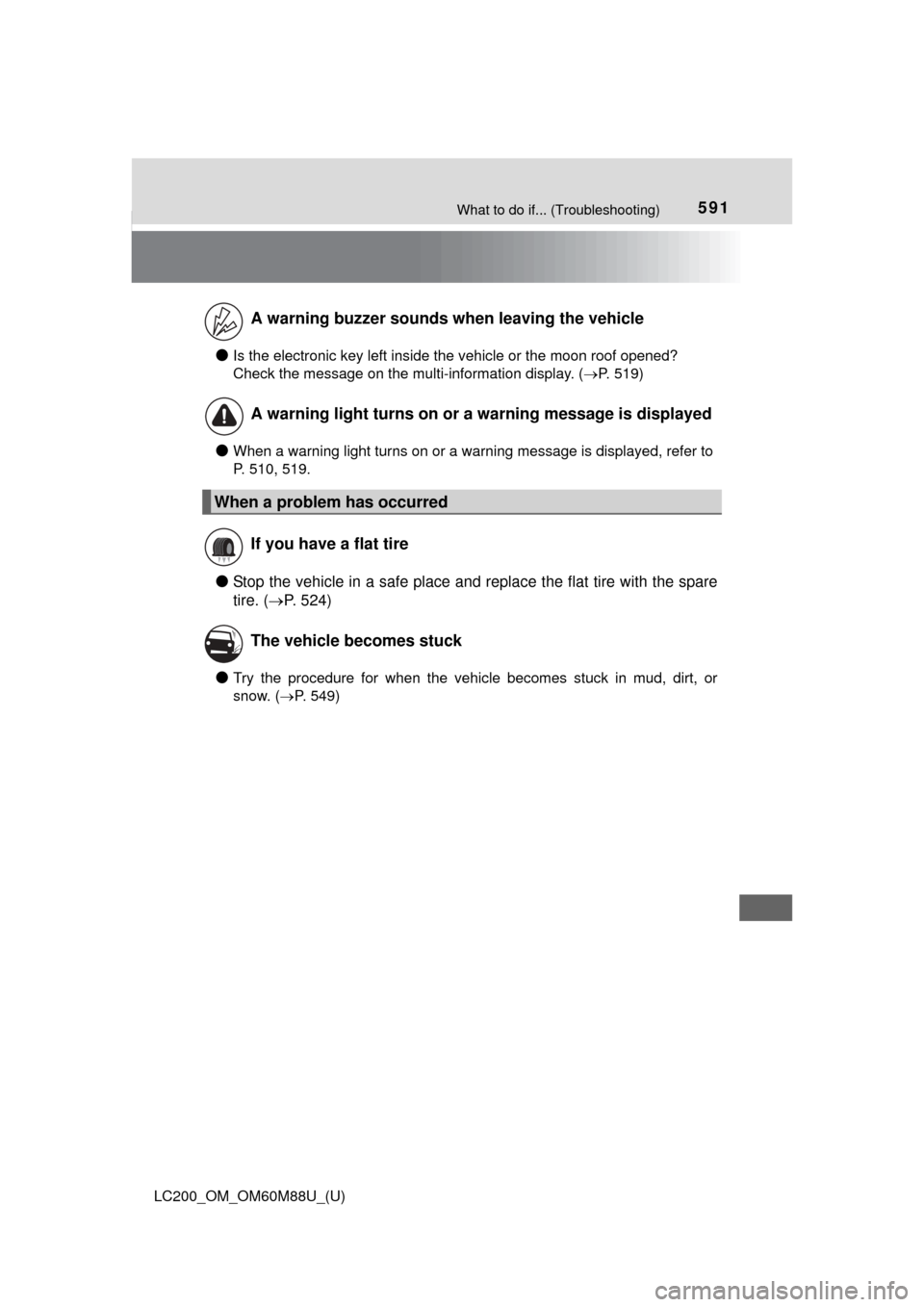 TOYOTA LAND CRUISER 2016 J200 Owners Manual 591What to do if... (Troubleshooting)
LC200_OM_OM60M88U_(U)
●Is the electronic key left inside the vehicle or the moon roof opened?
Check the message on the multi-information display. (P. 519)
