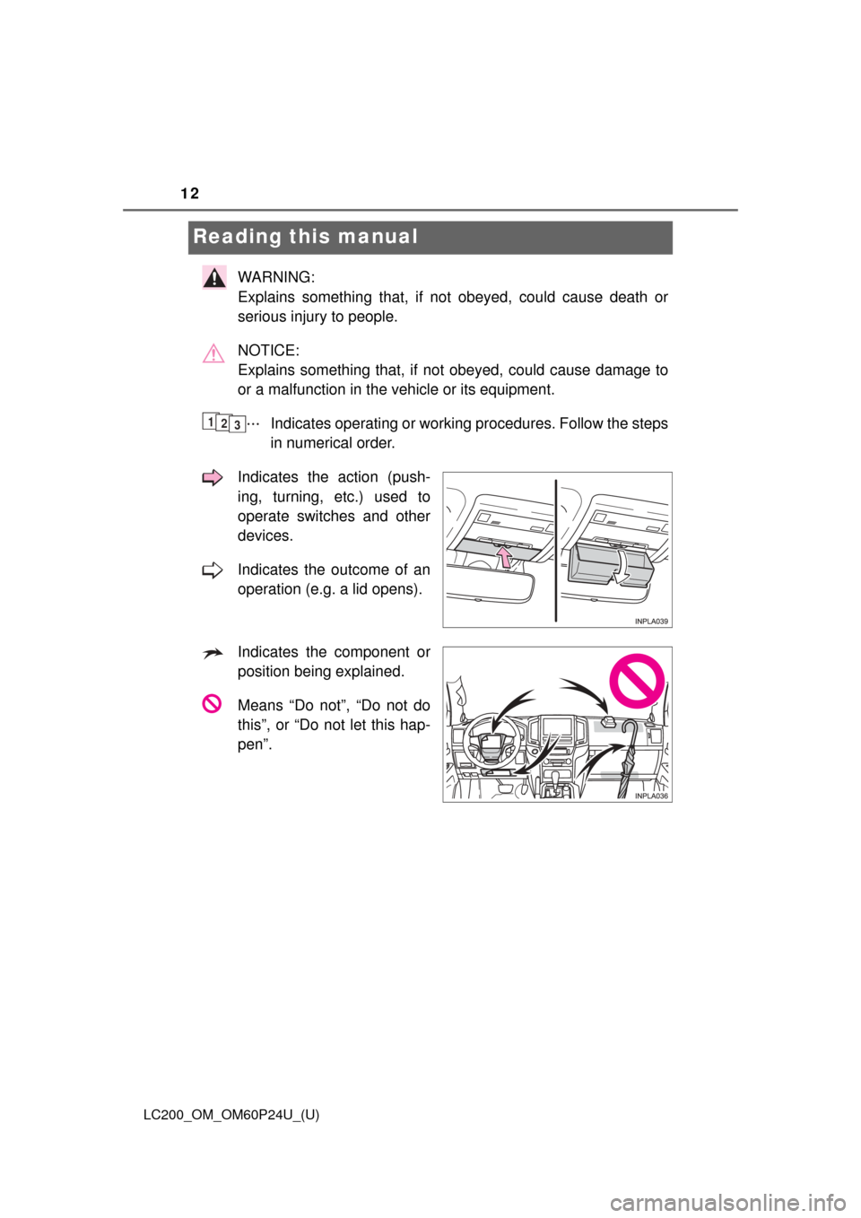 TOYOTA LAND CRUISER 2017 J200 Owners Manual 12
LC200_OM_OM60P24U_(U)
Reading this manual
WARNING: 
Explains something that, if not obeyed, could cause death or
serious injury to people.
NOTICE: 
Explains something that, if not obeyed, could cau
