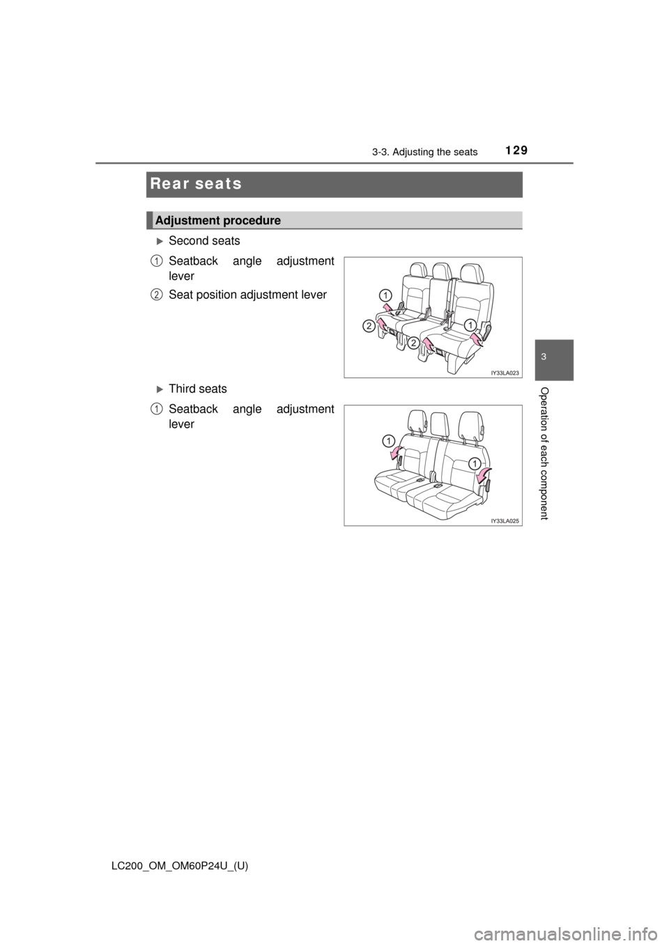 TOYOTA LAND CRUISER 2017 J200 Owners Manual 129
LC200_OM_OM60P24U_(U)
3-3. Adjusting the seats
3
Operation of each component
Rear seats
Second seats
Seatback angle adjustment
lever
Seat position adjustment lever
Third seats
Seatback angle