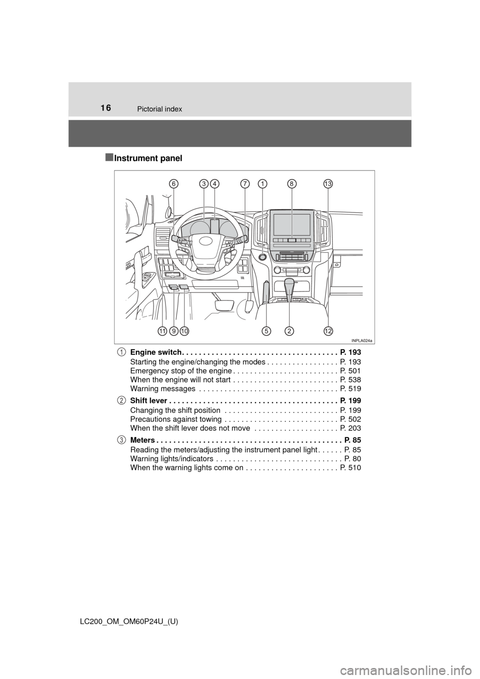 TOYOTA LAND CRUISER 2017 J200 Owners Manual 16Pictorial index
LC200_OM_OM60P24U_(U)
■Instrument panel
Engine switch . . . . . . . . . . . . . . . . . . . . . . . . . . . . . . . . . . . . . P. 193
Starting the engine/changing the modes . . . TOYOTA LAND CRUISER 2017 J200 Owners Manual 16Pictorial index
LC200_OM_OM60P24U_(U)
■Instrument panel
Engine switch . . . . . . . . . . . . . . . . . . . . . . . . . . . . . . . . . . . . . P. 193
Starting the engine/changing the modes . . .