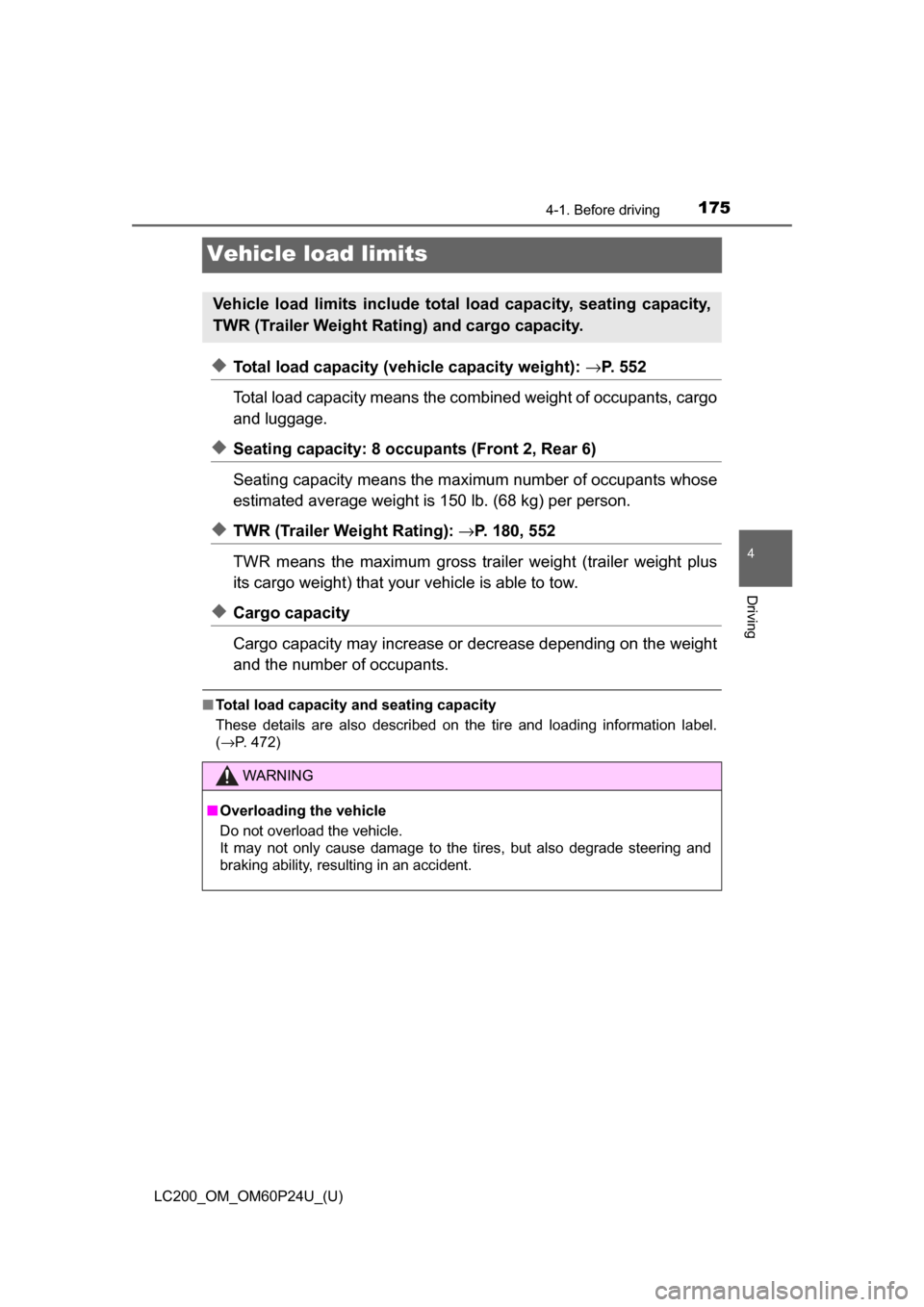 TOYOTA LAND CRUISER 2017 J200 Owners Manual 175
LC200_OM_OM60P24U_(U)
4-1. Before driving
4
Driving
Vehicle load limits
◆Total load capacity (vehicle capacity weight): →P. 552
Total load capacity means the comb ined weight of occupants, car TOYOTA LAND CRUISER 2017 J200 Owners Manual 175
LC200_OM_OM60P24U_(U)
4-1. Before driving
4
Driving
Vehicle load limits
◆Total load capacity (vehicle capacity weight): →P. 552
Total load capacity means the comb ined weight of occupants, car