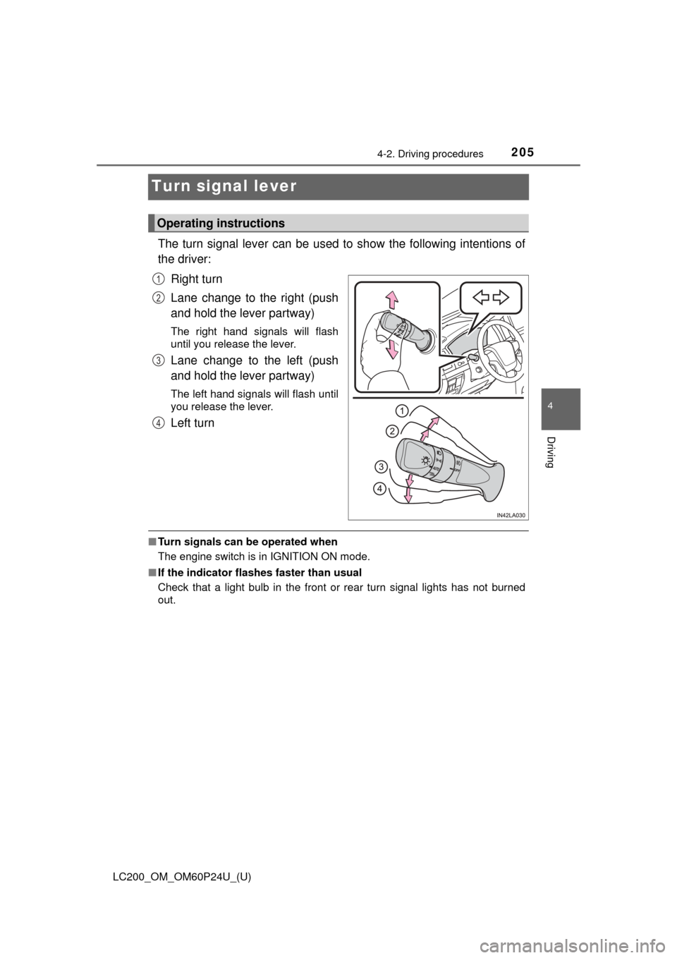 TOYOTA LAND CRUISER 2017 J200 Owners Manual 205
LC200_OM_OM60P24U_(U)
4-2. Driving procedures
4
Driving
Turn signal lever
The turn signal lever can be used to show the following intentions of
the driver:Right turn
Lane change to the right (push