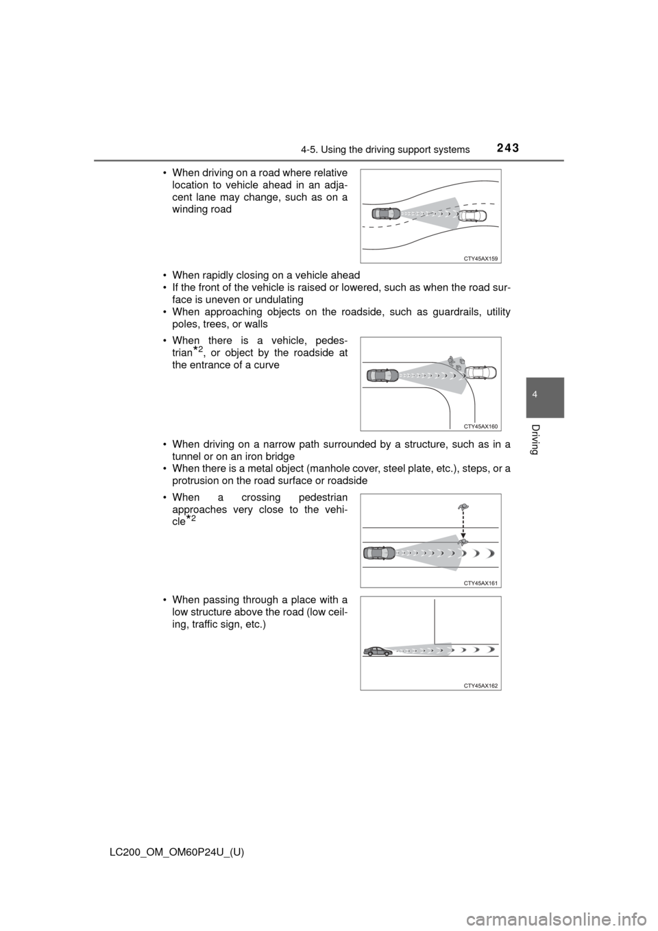 TOYOTA LAND CRUISER 2017 J200 Owners Manual LC200_OM_OM60P24U_(U)
2434-5. Using the driving support systems
4
Driving
• When rapidly closing on a vehicle ahead
• If the front of the vehicle is raised or lowered, such as when the road sur-
f