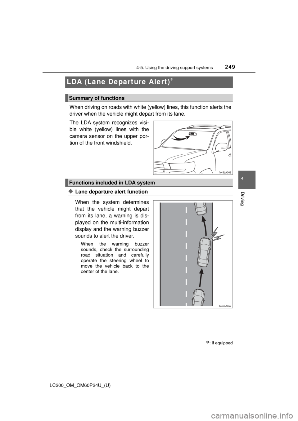 TOYOTA LAND CRUISER 2017 J200 Owners Manual 249
LC200_OM_OM60P24U_(U)
4-5. Using the driving support systems
4
Driving
LDA (Lane Depa rture Alert)∗
When driving on roads with white (yello w) lines, this function alerts the
driver when the veh