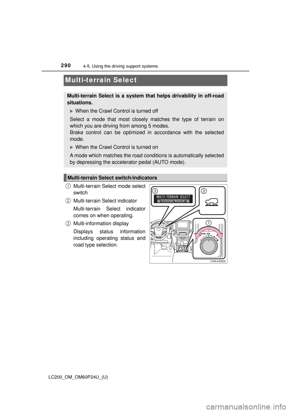 TOYOTA LAND CRUISER 2017 J200 Owners Manual 290
LC200_OM_OM60P24U_(U)
4-5. Using the driving support systems
Multi-terrain Select
Multi-terrain Select mode select
switch
Multi-terrain Select indicator
Multi-terrain Select indicator
comes on whe