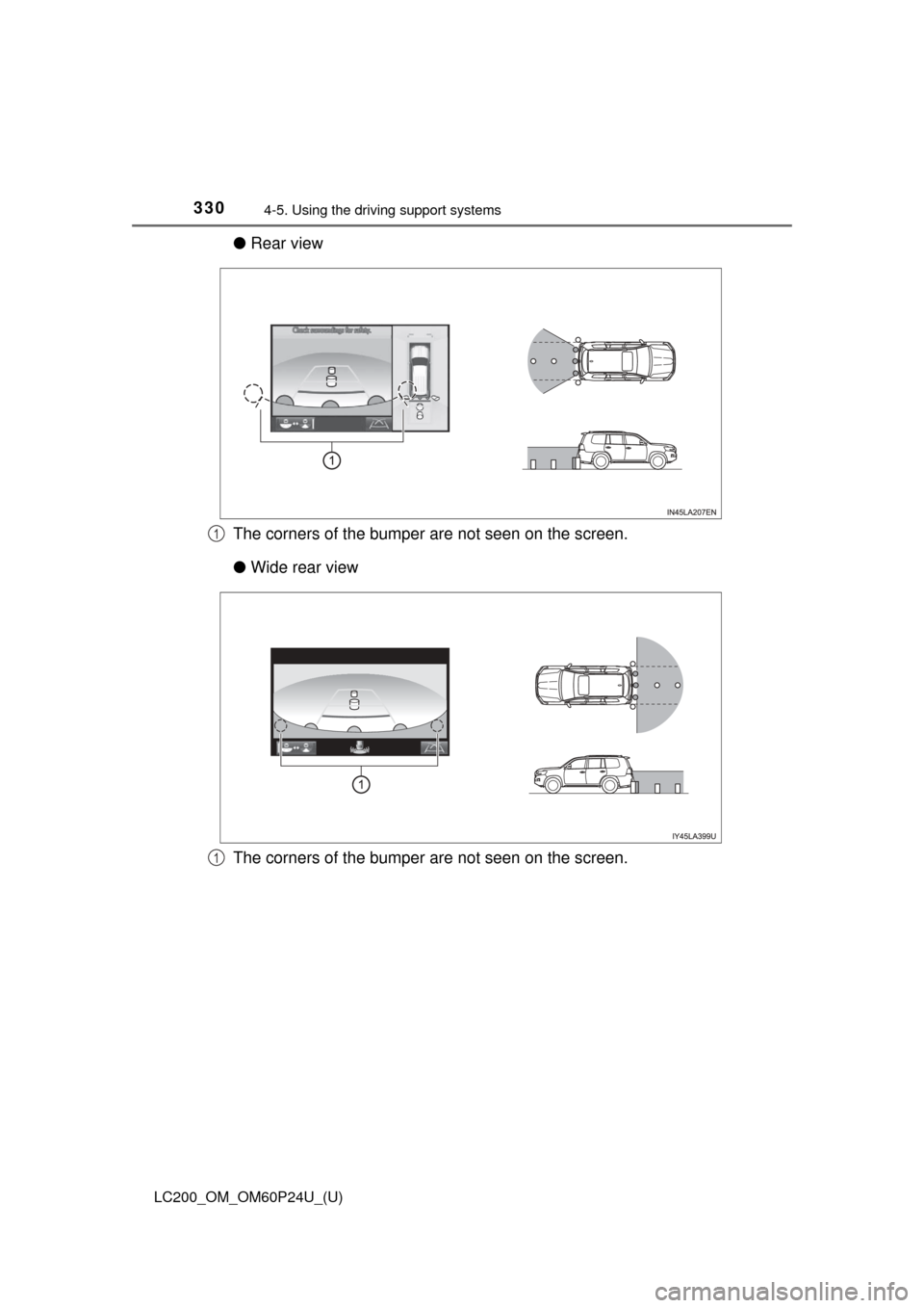 TOYOTA LAND CRUISER 2017 J200 Owners Manual 330
LC200_OM_OM60P24U_(U)
4-5. Using the driving support systems
●Rear view
The corners of the bumper are not seen on the screen.
● Wide rear view
The corners of the bumper are not seen on the scr