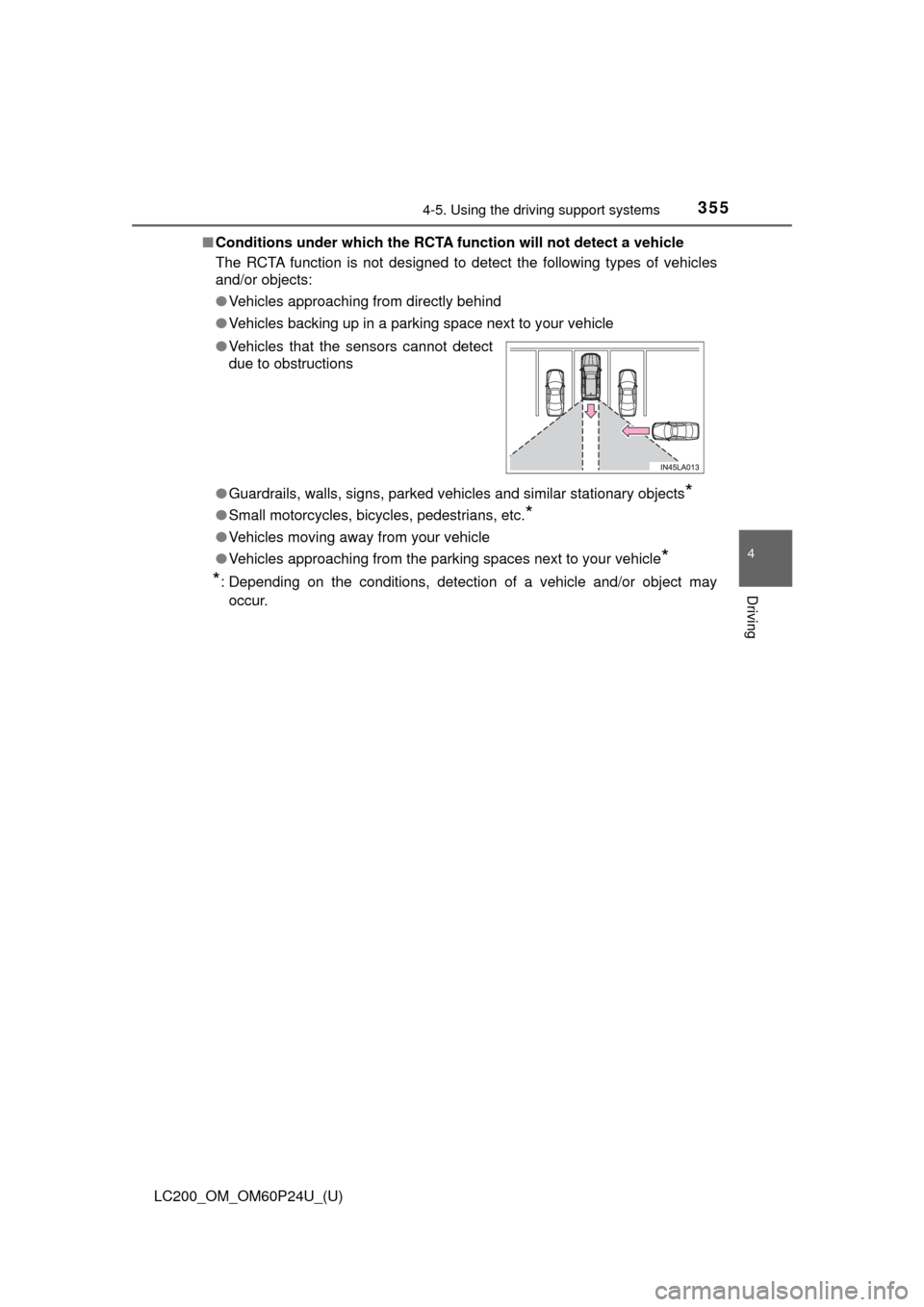 TOYOTA LAND CRUISER 2017 J200 Owners Manual LC200_OM_OM60P24U_(U)
3554-5. Using the driving support systems
4
Driving
■Conditions under which the RCTA fu nction will not detect a vehicle
The RCTA function is not designed to detect the followi