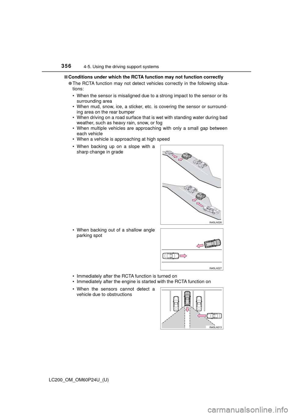 TOYOTA LAND CRUISER 2017 J200 Owners Manual 356
LC200_OM_OM60P24U_(U)
4-5. Using the driving support systems
■Conditions under which the RCTA function may not function correctly
●The RCTA function may not detect vehicles correctly in the fo