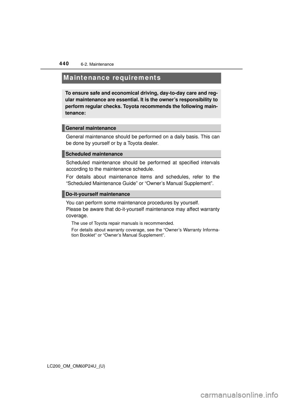 TOYOTA LAND CRUISER 2017 J200 Owners Manual 440
LC200_OM_OM60P24U_(U)
6-2. Maintenance
Maintenance requirements
General maintenance should be performed on a daily basis. This can
be done by yourself or by a Toyota dealer.
Scheduled maintenance 