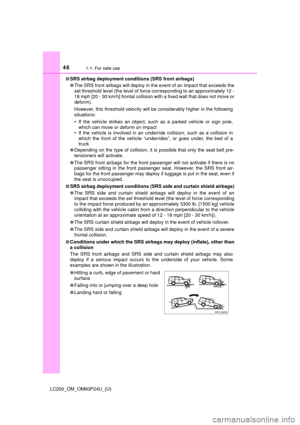 TOYOTA LAND CRUISER 2017 J200 Owners Manual 461-1. For safe use
LC200_OM_OM60P24U_(U)■
SRS airbag deployment conditions (SRS front airbags)
●The SRS front airbags will deploy in the event of an impact that exceeds the
set threshold level (t TOYOTA LAND CRUISER 2017 J200 Owners Manual 461-1. For safe use
LC200_OM_OM60P24U_(U)■
SRS airbag deployment conditions (SRS front airbags)
●The SRS front airbags will deploy in the event of an impact that exceeds the
set threshold level (t