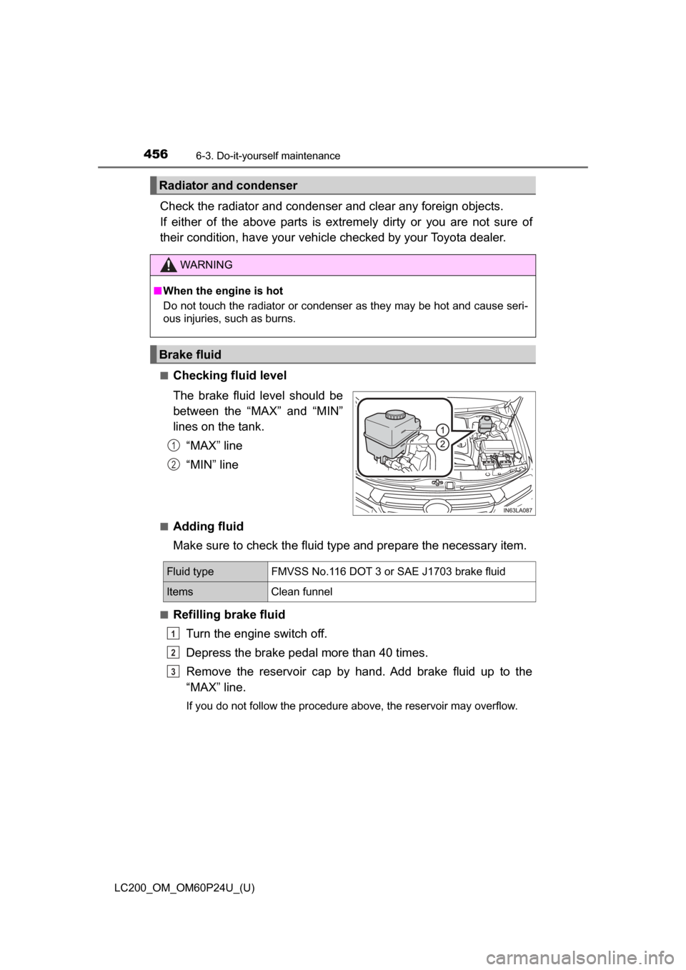 TOYOTA LAND CRUISER 2017 J200 Owners Manual 456
LC200_OM_OM60P24U_(U)
6-3. Do-it-yourself maintenance
Check the radiator and condenser and clear any foreign objects.
If either of the above parts is extremely dirty or you are not sure of
their c
