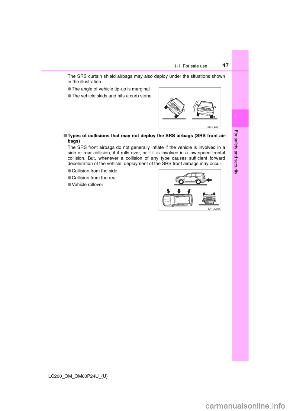 TOYOTA LAND CRUISER 2017 J200 Owners Manual 471-1. For safe use
LC200_OM_OM60P24U_(U)
1
For safety and security
The SRS curtain shield airbags may also deploy under the situations shown
in the illustration.
■ Types of collisions that may not 