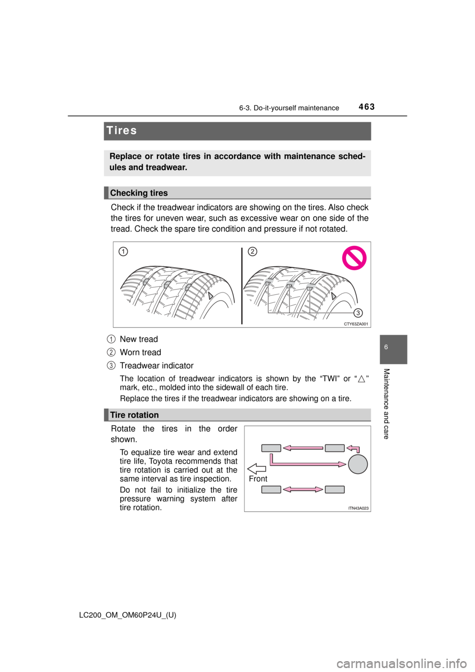 TOYOTA LAND CRUISER 2017 J200 Owners Manual 463
LC200_OM_OM60P24U_(U)
6-3. Do-it-yourself maintenance
6
Maintenance and care
Tires
Check if the treadwear indicators are showing on the tires. Also check
the tires for uneven wear, such as excessi