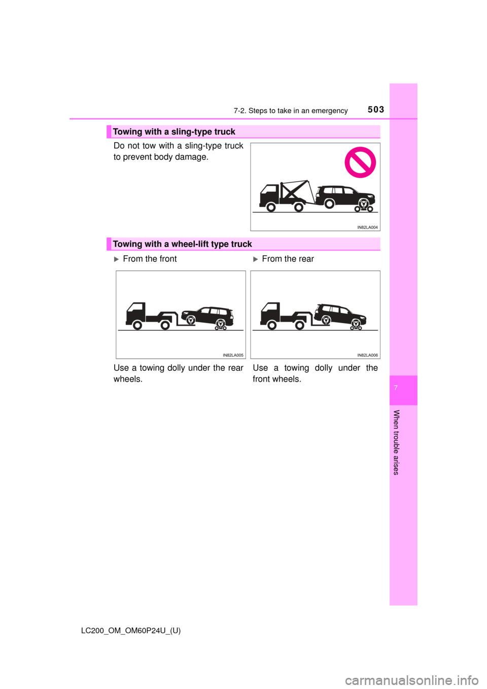 TOYOTA LAND CRUISER 2017 J200 Owners Manual 5037-2. Steps to take in an emergency
LC200_OM_OM60P24U_(U)
7
When trouble arises
Do not tow with a sling-type truck
to prevent body damage.
Towing with a sling-type truck
Towing with a wheel-lift typ