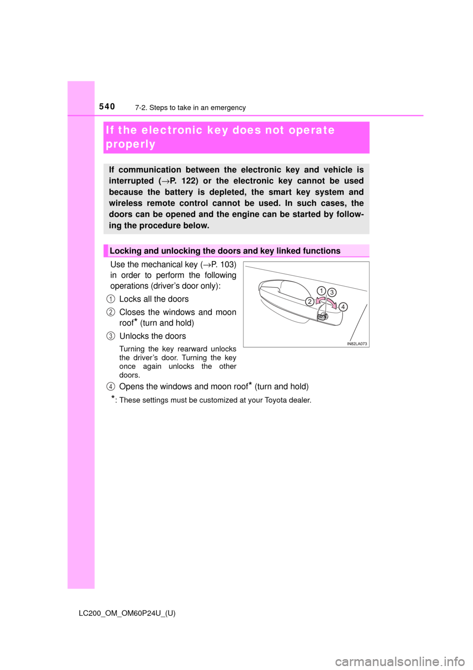 TOYOTA LAND CRUISER 2017 J200 Owners Manual 540
LC200_OM_OM60P24U_(U)
7-2. Steps to take in an emergency
If the electronic key does not operate 
properly
Use the mechanical key (→P. 103)
in order to perform the following
operations (driver’