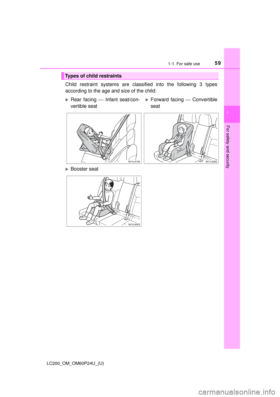 TOYOTA LAND CRUISER 2017 J200 Owners Manual 591-1. For safe use
LC200_OM_OM60P24U_(U)
1
For safety and security
Child restraint systems are classified into the following 3 types
according to the age and size of the child:
Types of child restrai