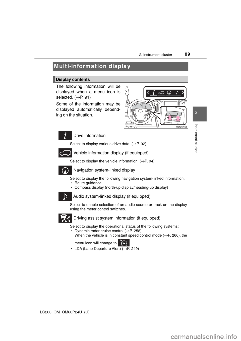 TOYOTA LAND CRUISER 2017 J200 Owners Manual 89
LC200_OM_OM60P24U_(U)
2. Instrument cluster
2
Instrument cluster
Multi-information display
The following information will be
displayed when a menu icon is
selected. (→P. 9 1 )
Some of the inform TOYOTA LAND CRUISER 2017 J200 Owners Manual 89
LC200_OM_OM60P24U_(U)
2. Instrument cluster
2
Instrument cluster
Multi-information display
The following information will be
displayed when a menu icon is
selected. (→P. 9 1 )
Some of the inform