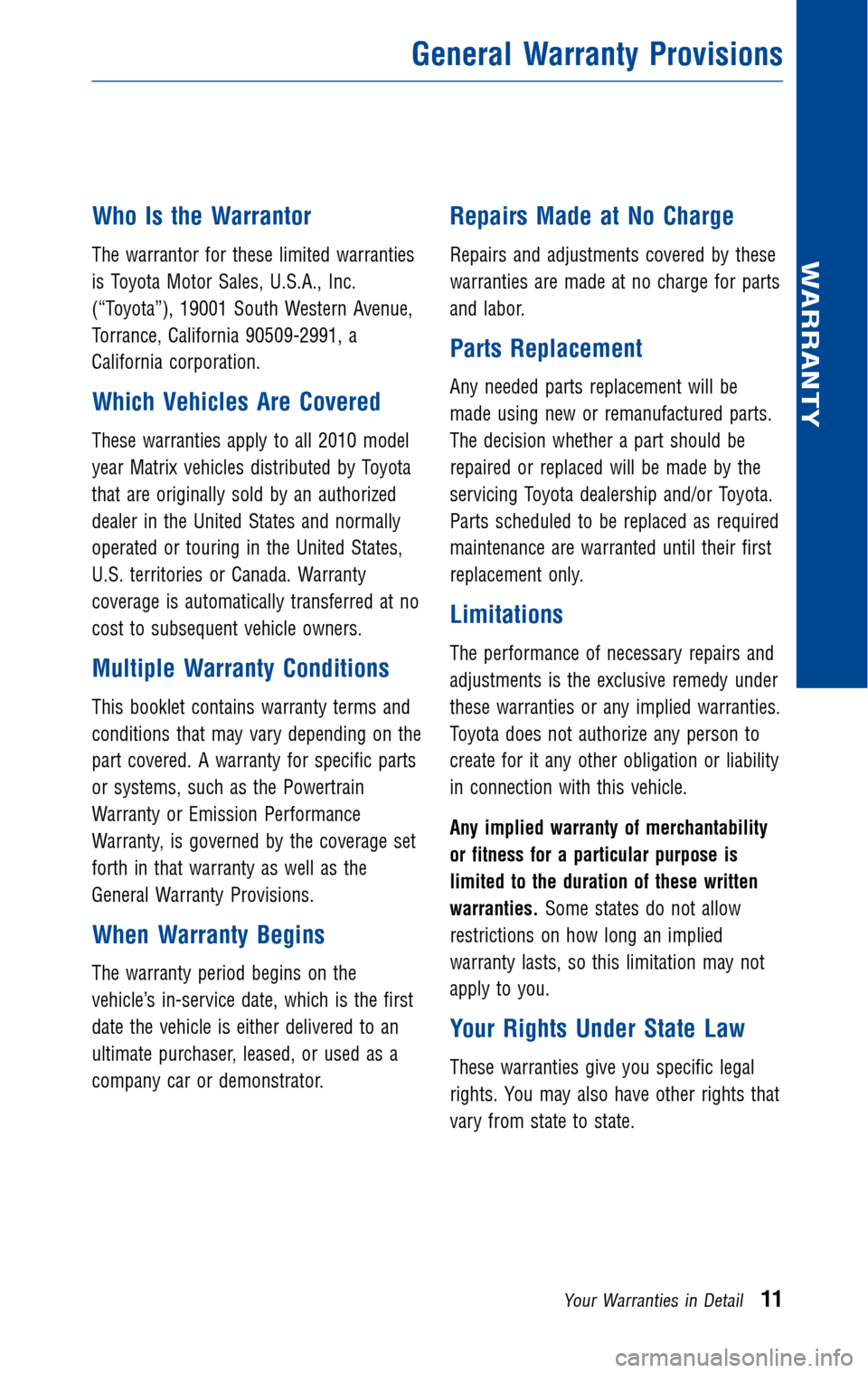 TOYOTA MATRIX 2010 E140 / 2.G Warranty And Maintenance Guide 