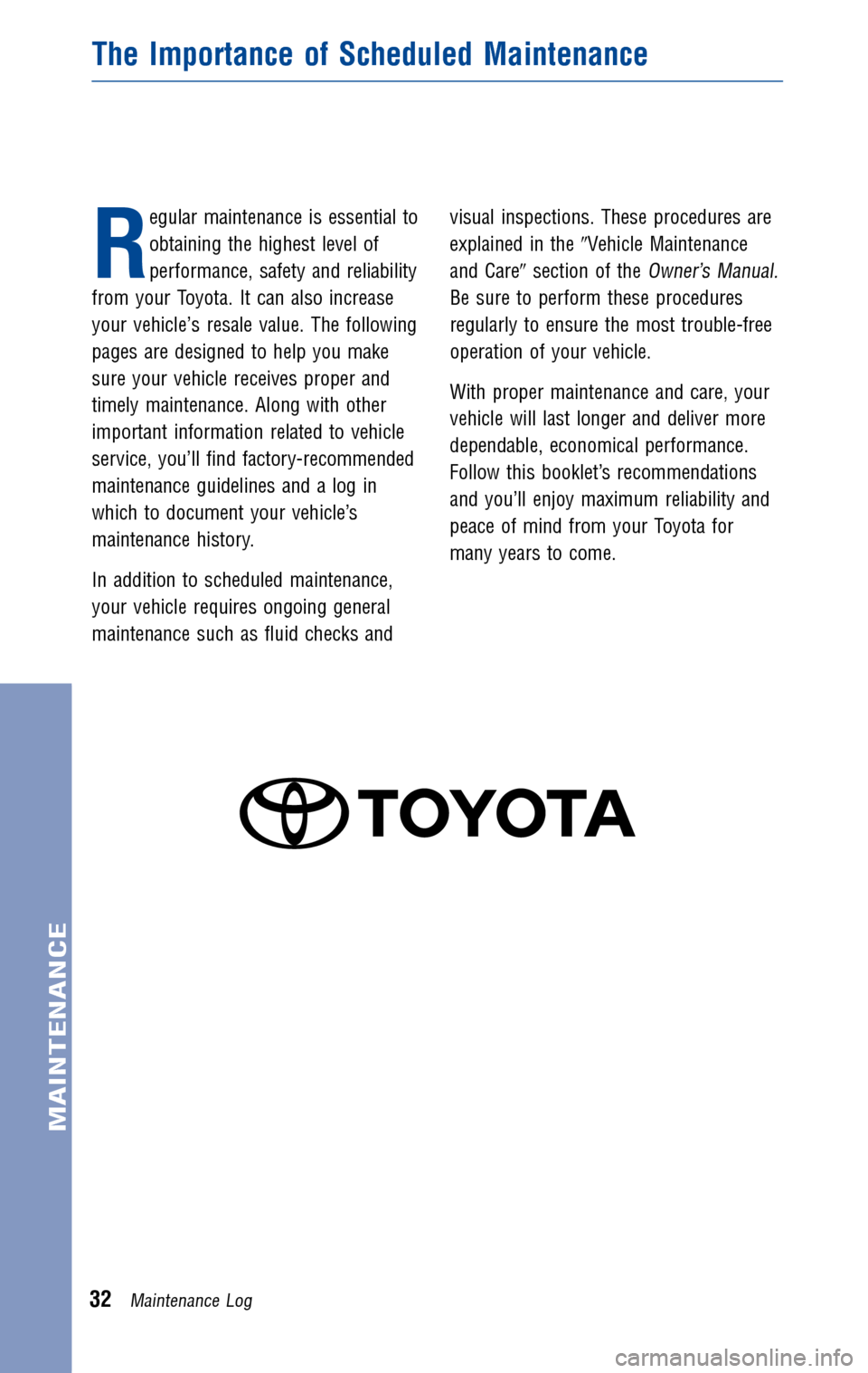 TOYOTA MATRIX 2010 E140 / 2.G Warranty And Maintenance Guide 