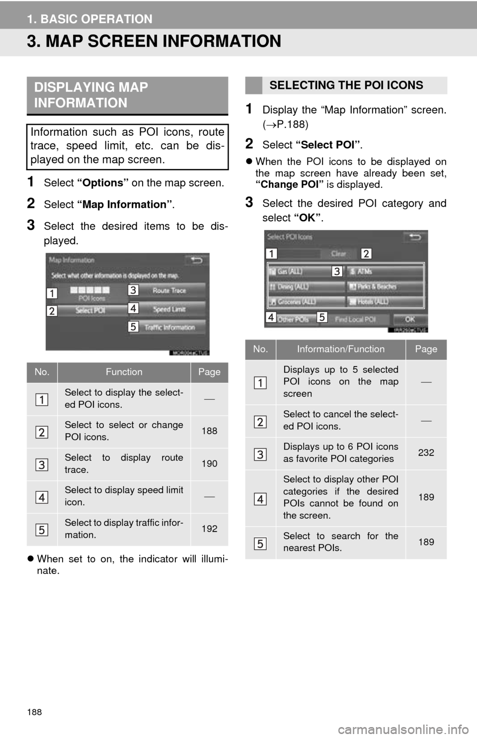 TOYOTA MIRAI 2016 1.G Navigation Manual 188
1. BASIC OPERATION
3. MAP SCREEN INFORMATION
1Select “Options” on the map screen.
2Select “Map Information” .
3Select the desired items to be dis -
played.
When set to on, the indicato TOYOTA MIRAI 2016 1.G Navigation Manual 188
1. BASIC OPERATION
3. MAP SCREEN INFORMATION
1Select “Options” on the map screen.
2Select “Map Information” .
3Select the desired items to be dis -
played.
When set to on, the indicato