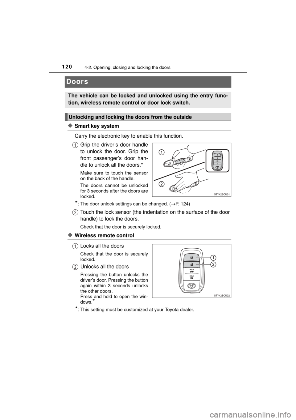 TOYOTA MIRAI 2016 1.G Owners Manual 1204-2. Opening, closing and locking the doors
MIRAI_OM_USA_OM62004U
Doors
◆Smart key system
Carry the electronic key to enable this function.Grip the driver’s door handle
to unlock the door. Grip