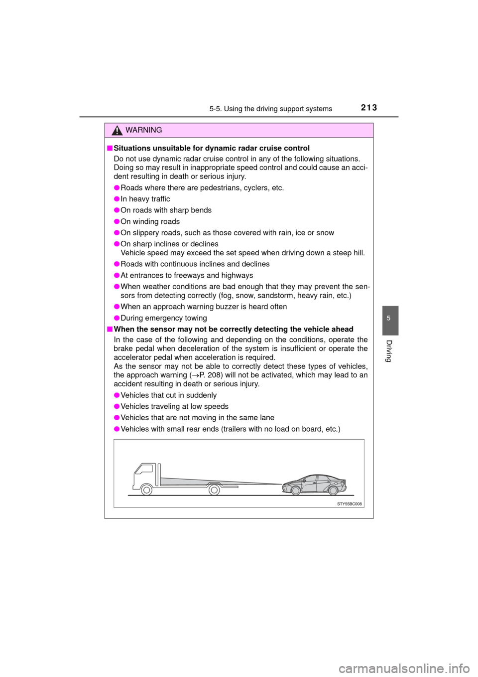 TOYOTA MIRAI 2016 1.G Owners Manual 2135-5. Using the driving support systems
5
Driving
MIRAI_OM_USA_OM62004U
WARNING
■Situations unsuitable for dynamic radar cruise control
Do not use dynamic radar cruise control in any of the follow
