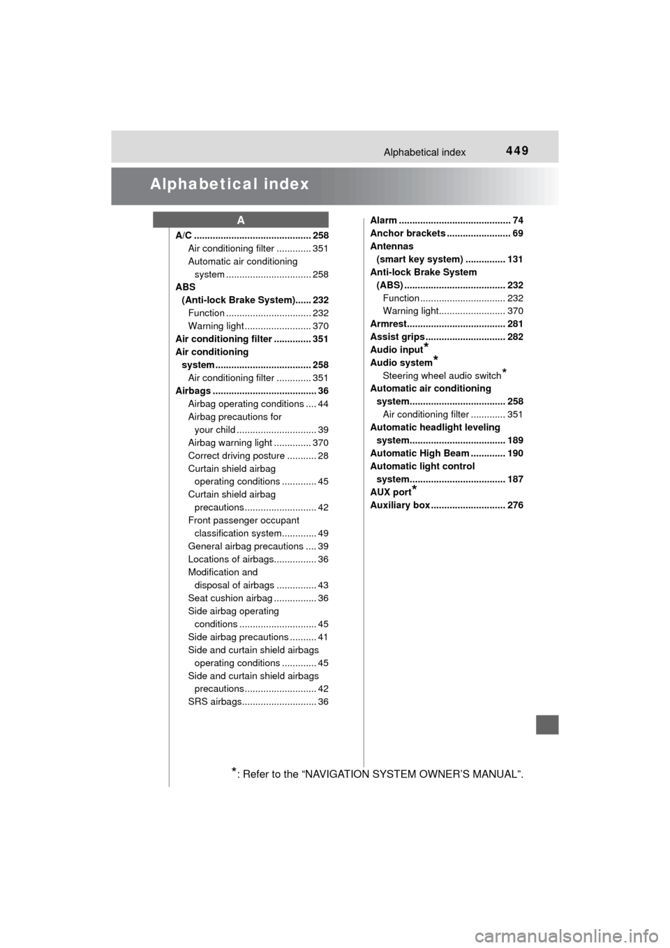 TOYOTA MIRAI 2016 1.G Owners Manual 449Alphabetical index
MIRAI_OM_USA_OM62004U
Alphabetical index
A/C ............................................ 258Air conditioning filter ............. 351
Automatic air conditioning 
system ........