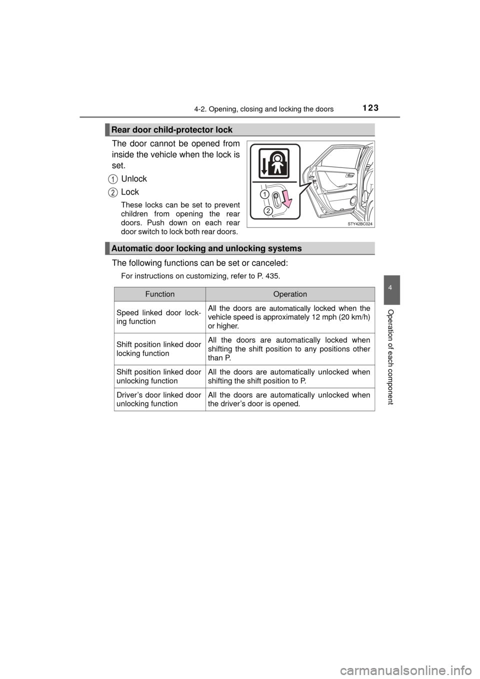 TOYOTA MIRAI 2017 1.G Owners Manual 1234-2. Opening, closing and locking the doors
4
Operation of each component
MIRAI_OM_USA_OM62023U
The door cannot be opened from
inside the vehicle when the lock is
set.Unlock
Lock
These locks can be