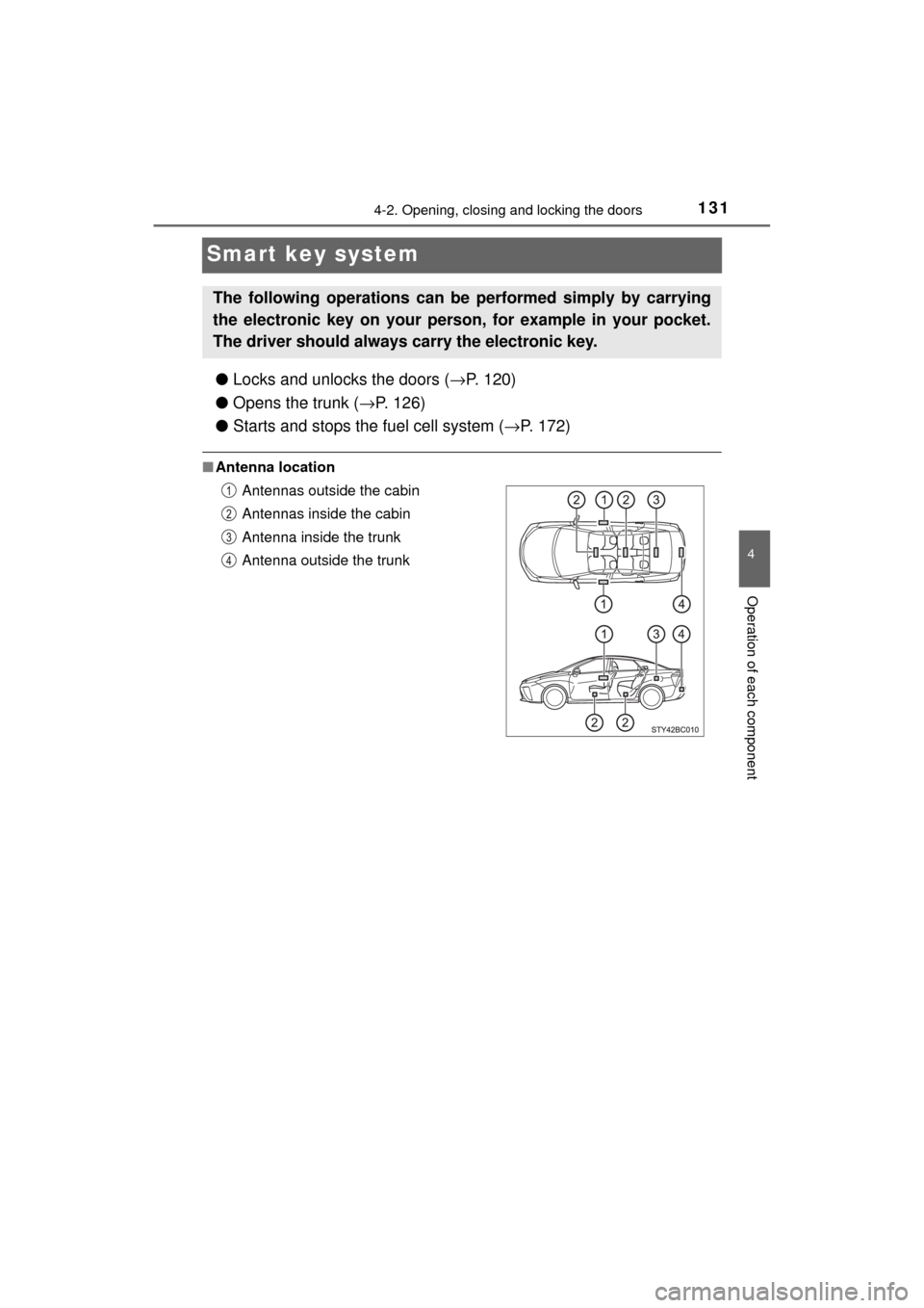 TOYOTA MIRAI 2017 1.G Owners Manual 1314-2. Opening, closing and locking the doors
4
Operation of each component
MIRAI_OM_USA_OM62023U
Smart key system
●Locks and unlocks the doors ( →P. 120)
● Opens the trunk ( →P. 126)
● Sta